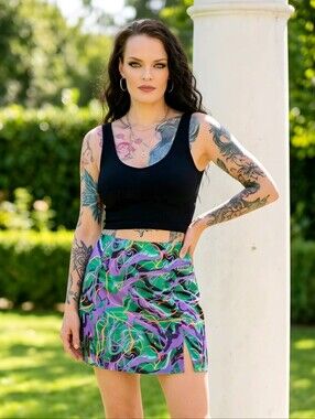 Local Heroes ✦ Jungle Abstract Mini Skirt ✦ Satin High Waist Front Slits S NWT